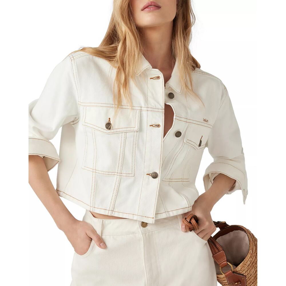 Ba&Sh Arna Cropped Denim Jacket Ecru Logo Cargo Pocket Utility SZ XS